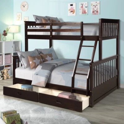 Twin Over Full  Bunk Bed W/ Storage Drawers Wood Platform Beds Bedroom Furniture - Image 1 of 4
