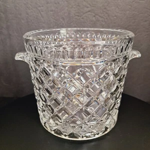 Vintage Pressed Heavy Glass Ice Bucket Diamond Waffle Pattern Barware Serve ware - Picture 1 of 7