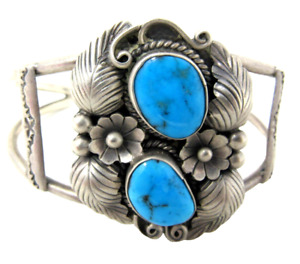 Turquoise 2 Nugget Bracelet Sterling Silver Angela Lee Feathers Navajo Authentic