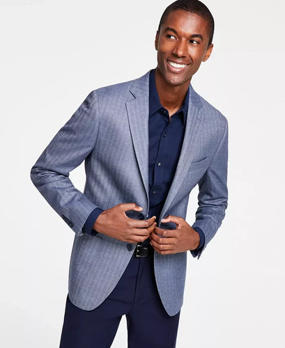 Cappotto sportivo Michael Kors uomo blu chiaro vestibilità classica tessuto spina di pesce 38R $295