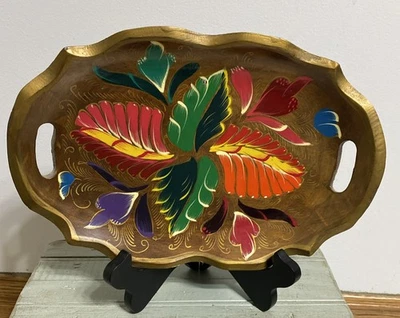 Bandeja de madera pintada a mano vintage colorida diseño floral arte popular Foto 1 de 4