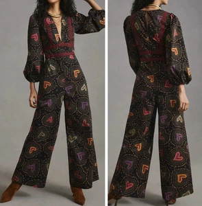 NEW Anthropologie x Farm Rio Deep-V Hearts Print Wide-Leg Jumpsuit, Size Small - Picture 1 of 8