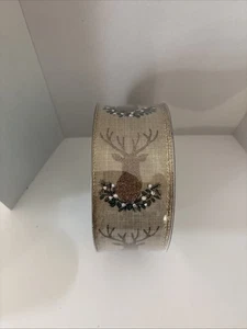 2.5 x 50 Yds Premium Wired Christmas Ribbon Glitter Reindeer Buck - Picture 1 of 3