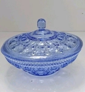 Vtg WINDSOR BLUE FEDERAL GLASS Covered Candy Dish BUTTON & CANE Pattern 7.5 Inch - Picture 1 of 6