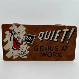 Vintage Wood Pressboard Sign Walt Disney Goofy Quiet! Genius at Work Rare 12x6" - Picture 1 of 11