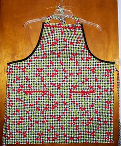 NEW HANDMADE APRON -  BLACK WHITE GINGHAM WITH CHERRIES KITCHEN COTTON CUTE  - Picture 1 of 2