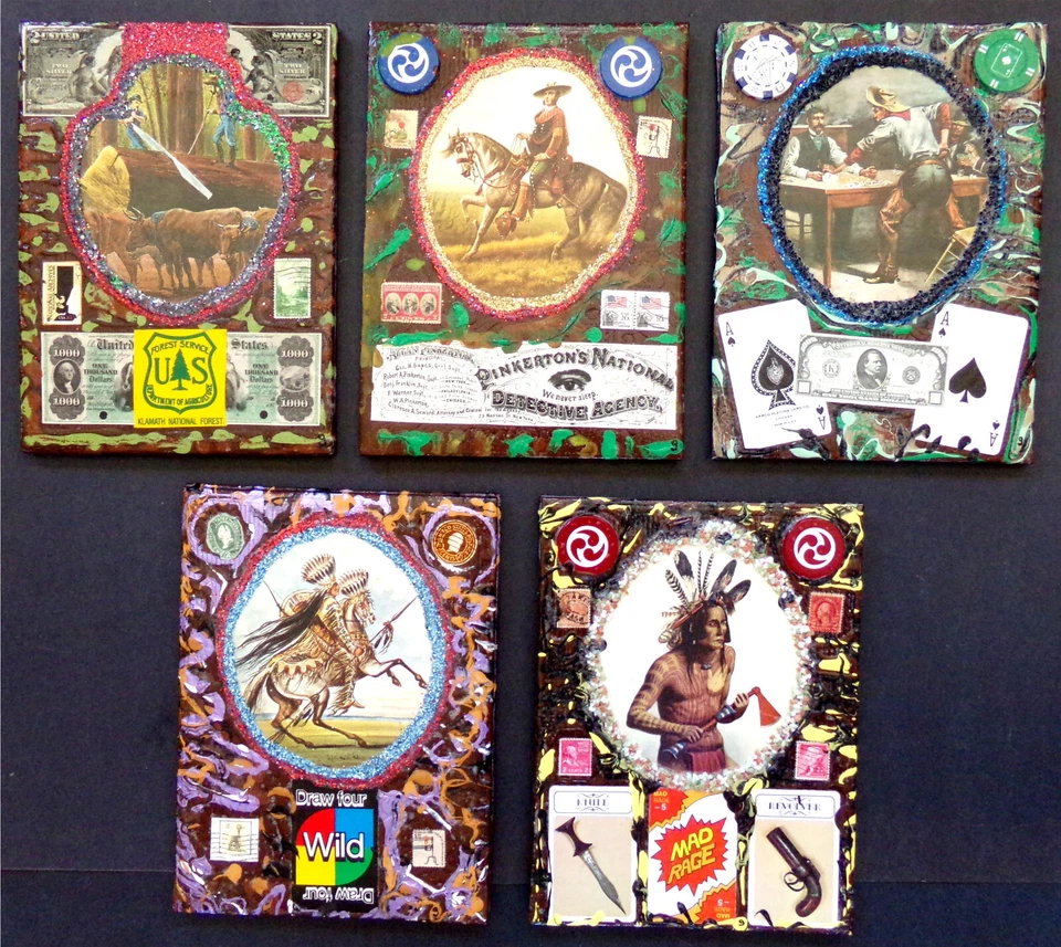 JUEGO ÚNICO DE 5 PIEZAS A JUEGO Libros de Colección Salvaje Oeste EE. UU. Lote de Collage de Arte Original Foto 1 de 4