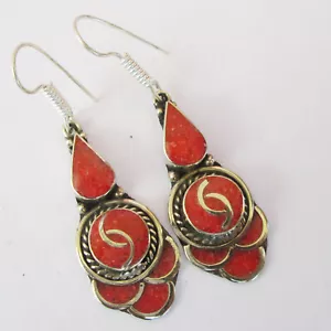 Absolutamente increíbles pendientes tibetanos hechos a mano de piedras preciosas coral rojo R15 - Imagen 1 de 7