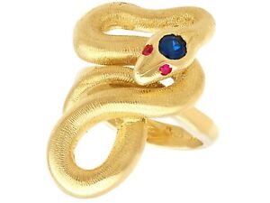 Vintage 0.13ct Sapphire and Ruby 18k Yellow Gold Snake Ring 1950