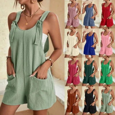 Damen Sommer Ärmellos Overall Kurz Hosen Einteiler Boho Strand Shorts Jumpsuit  - Bild 1 von 2