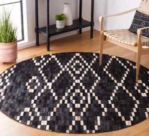 Handmade collection leather cowhide patchwork round rug white brown  Black tone - Picture 1 of 9