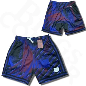 NWT L Mitchell & Ness Branded Big Face Fashion Black Blue Embroidered Shorts - Picture 1 of 19