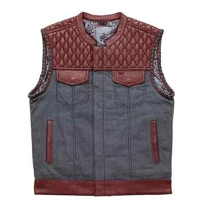 Red & Gray Leather Denim Vest with Gry Paisley Lining Club Vest Motorcycle Vest - Picture 1 of 6