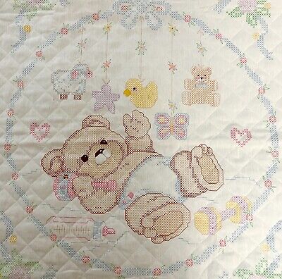 1990s Teddy Bear With Mobile Stamped Cross Stitch Baby Crib Quilt 30x39 13548 • 33.89€
