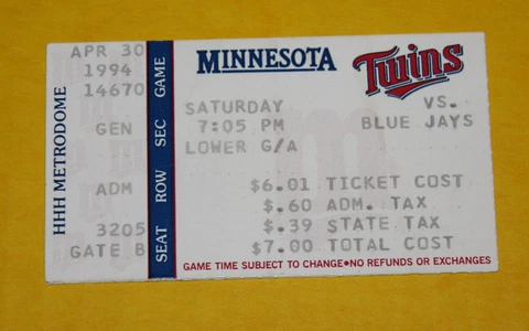 Minnesota Twins Ticket Stub | April 30 1994 Kirby Puckett Hit Darren Hall Debut Cover