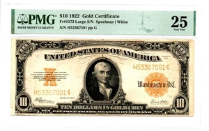 Fr. 1173 $10 1922 Gold Certificate PMG Very Fine 25 - Picture 1 of 2