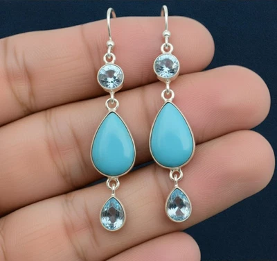 Sleeping Beauty Turquoise Blue Topaz Dangle Earrings 925 Sterling Silver jewelry - Image 1 of 4