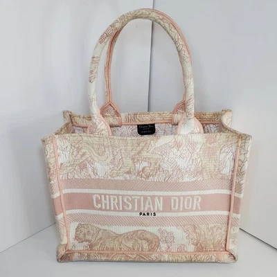 Rare Christian Dior Book Tote Ecru Pink Toile de Jouy Authentic Medium 14x11x5  - Image 1 of 4