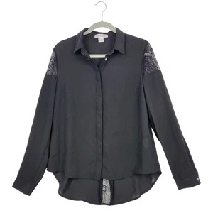 Liz Claiborne geknöpfte Bluse Medium schwarz Spitze Akzente feminin Urlaub elegant - Bild 1 von 15