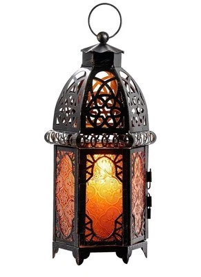 Exquisita linterna vela marroquí estilo vintage iluminación decorativa bronce ámbar Foto 1 de 4