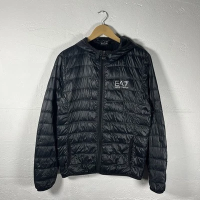 Emporio Armani Puffer Jacket Black Mens Medium Hooded Zip Up  - Image 1 of 4