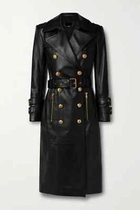 Abrigo largo de cuero para mujer negro brillante cuero original, gabardina para mujer - Imagen 1 de 9