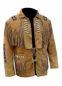 Men Tan Brown Suede Western Cowboy Leather Jacket With Fringe & Bead Work - Picture 1 of 5