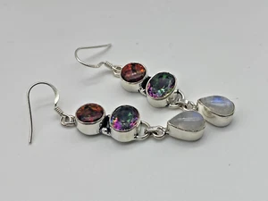Vintage Sterling Silver 925 Earrings Dangle Drop Three Gemstones 6.88g - Picture 1 of 7