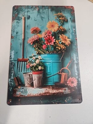 Vintage Style Metal Tin Sign Rustic Garden Flowers Watering Can Tools Wall Decor - Image 1 of 4