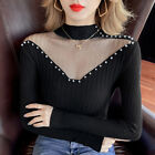 Women Knitted Top Blouse T-shirt Mesh Spliced Patchwork Beaded Slim Sexy Casual