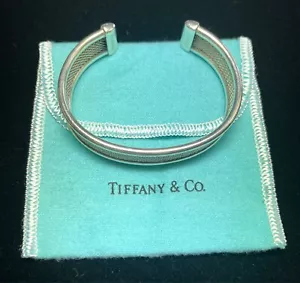 TIFFANY Somerset Mesh Cuff Bracelet Sterling Silver 21.3g w/ Pouch - Picture 1 of 5