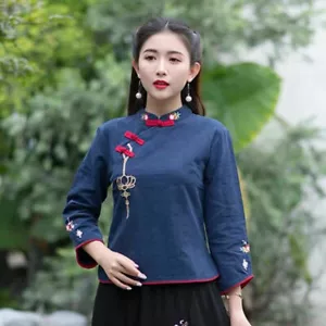 Women Linen Cotton Shirt Chinese Embroidery Tops Ethnic Style Blouse 3/4 Sleeve - Picture 1 of 14