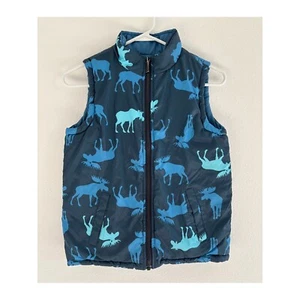 Hatley US Boys Size 8 Blue Reversible Moose Puffer Vest Outdoor Adventure Hiking - Picture 1 of 12