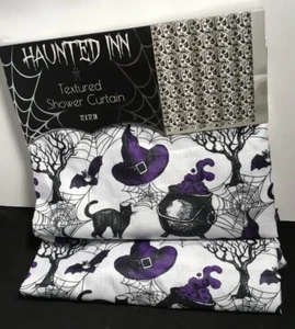 HAUNTED INN HALLOWEEN CATS ๐โโฌ TEXTURED CLOTH SHOWER CURTAIN Bats 72โx72โ NWT - Picture 1 of 3