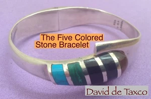 Taxco 925 Sterling Silber Armband mit 5 farbigen Steinen Intarsien Federzug Mechanismus - Bild 1 von 4