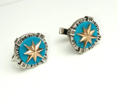 Gemelos brújula turquesa plata 925 para hombre caja de regalo gratis Foto 1 de 4