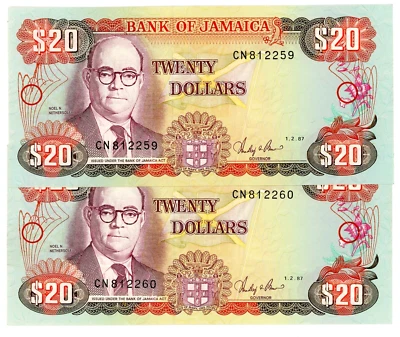 Jamaica … P-72b … 20 Dollars … 1987 …  Choice *AU+* Consecutive notes - Image 1 of 2