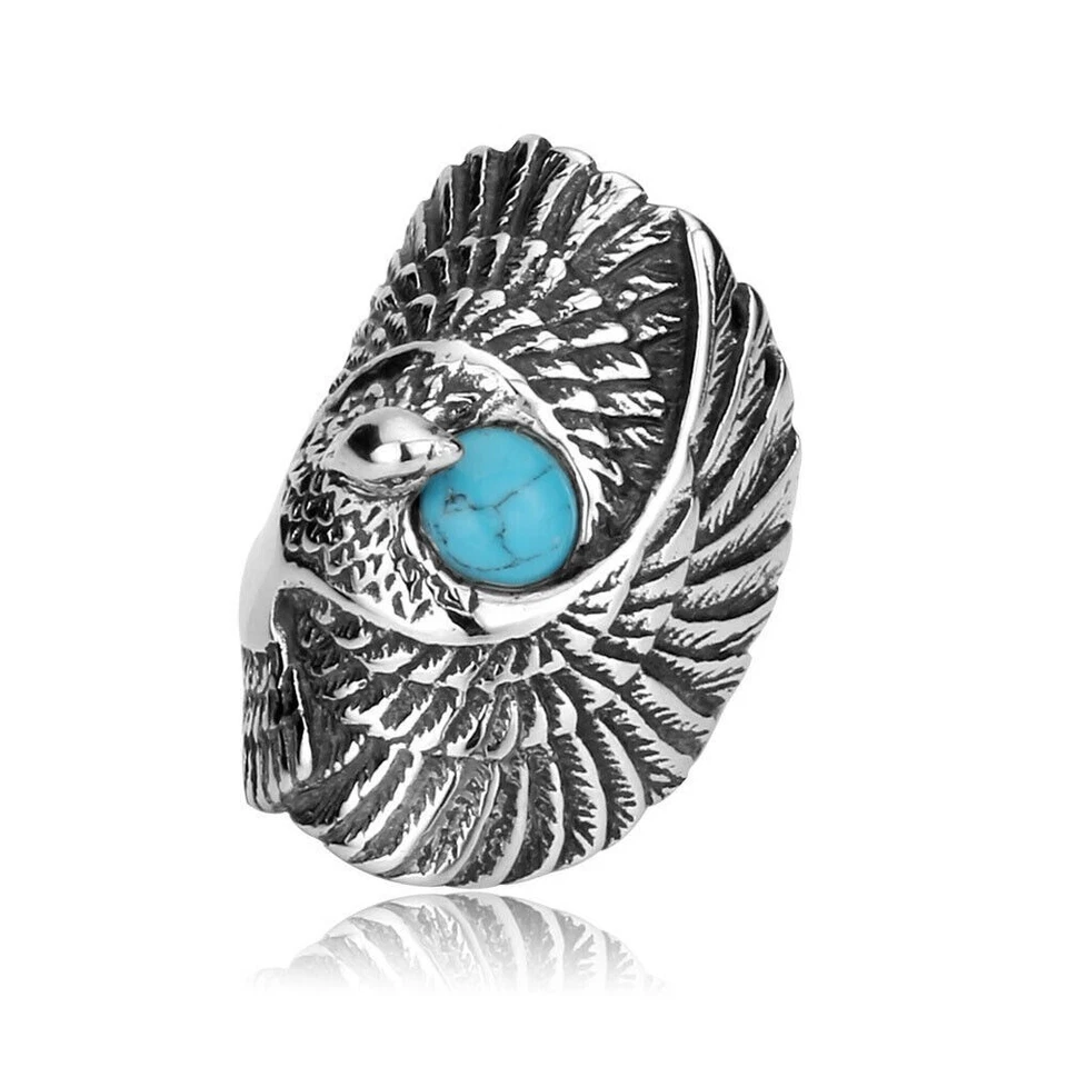 Blue Turquoise Indian Eagle Ring Stainless Steel Men's Tribal Biker Jewelry Ring Foto 1 de 1