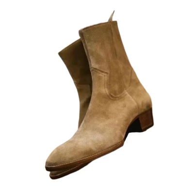 Botas de vestir de gamuza beige hechas a mano para hombre, botas de vaquero formales con cremallera occidental para hombre Foto 1 de 4
