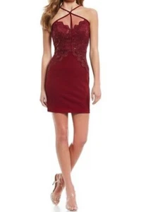 Red Mini Dress Teeze Me Y-Neck Lace Embellished sequins bodycon Junior Size 3   - Picture 1 of 10