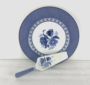 Andrea by Sadek Blue Rose Porcelain Cake Plate and Server Set - Picture 1 of 9