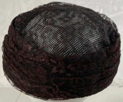 Vintage Hat Brown Lace Floral Pillbox One Size Net Women Casual Headpiece - Image 1 of 4