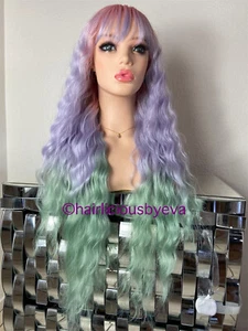 Pastel Rainbow wig ombré wavy with bangs 26 inch long heat ok - Picture 1 of 6