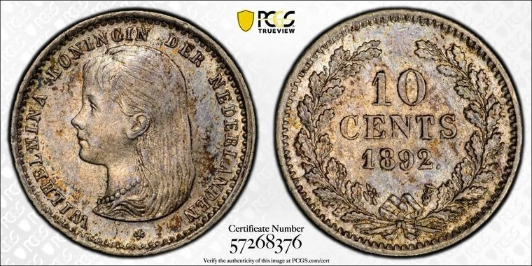 1892 Netherlands 10 Cents PCGS MS63 Lot#G774 Silver! Choice UNC! - Image 1 of 4