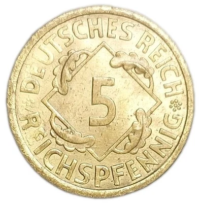 1924-A Germany Weimar 5 Reichspfennig UNC Coin Reichs Pfennig KM 39 High Grade  - Image 1 of 2