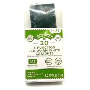 Holiday Time 20 Battery Operated LED Warm White C3 Lights 8.25 Ft Length Green