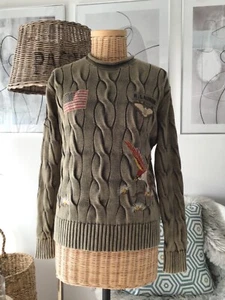 Polo Ralph Lauren Pullover Gr. S khakigrün mit Zopfmuster und Stickerei - Bild 1 von 8