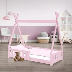 Lit pour enfants tipi en bois de pin massif rose avec sommier à lattes 140x70cm - Photo 1/7