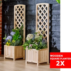 2 Trellis Wooden Planter Garden Plant Flowerpot Lattice Box Patio Set Natural - Picture 1 of 18