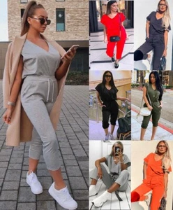 Women Short Sleeve Boxy V Neck Check Ribbed Tracksuit Ladies Loungewear Suit Set - Picture 1 of 15